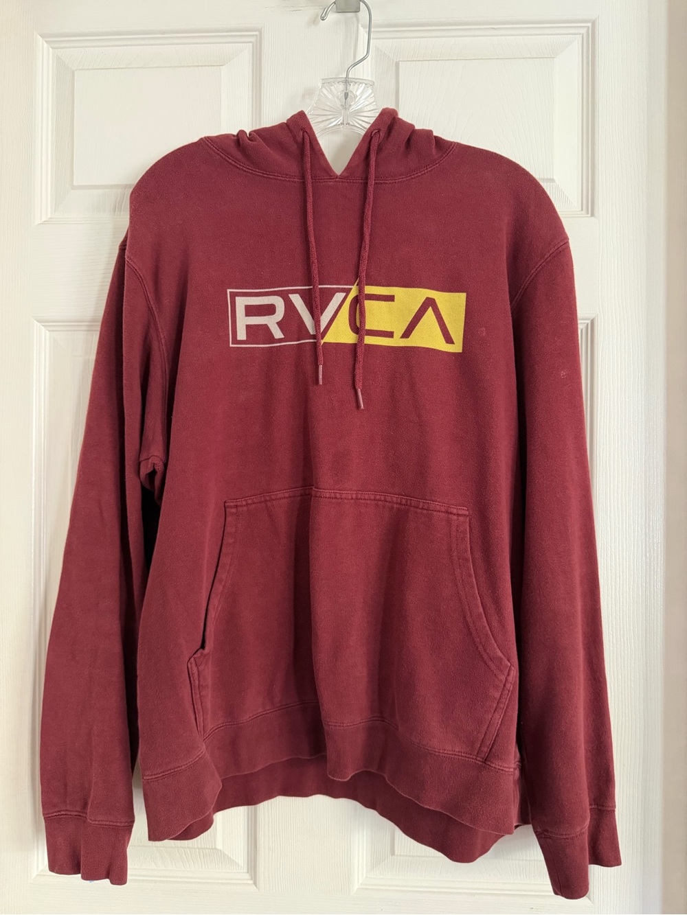 RVCA Men's Burgundy Crewneck Hoodie with Yellow Logo